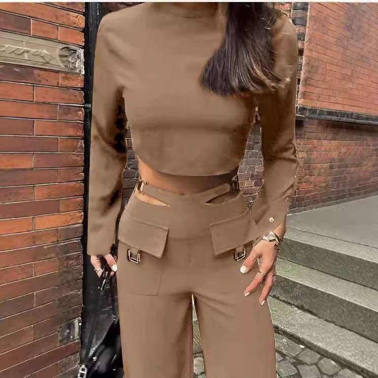 Button sleeve High Collar Top & Wide Leg Pants Sets - XL, Nude Brown image