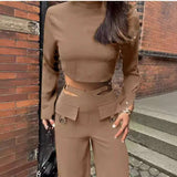 Button sleeve High Collar Top & Wide Leg Pants Sets - XL, Nude Brown image