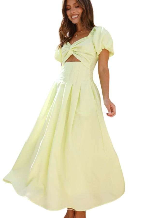 Cutout Puff Sleeve Midi Dress - M, Cream Beige image