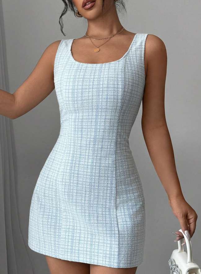 Checkered Sleeveless Dress - L, Blue image