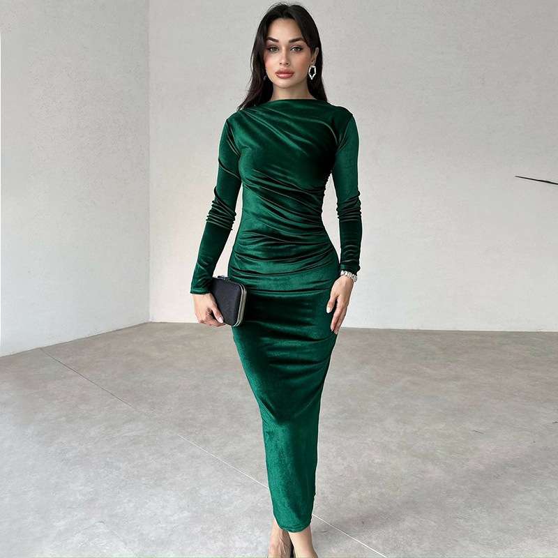 Fashion Solid Color Slim Fit Dress - M, Green image