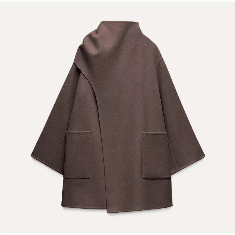 Scarf Collar Solid Midi Coat - M, Brown image
