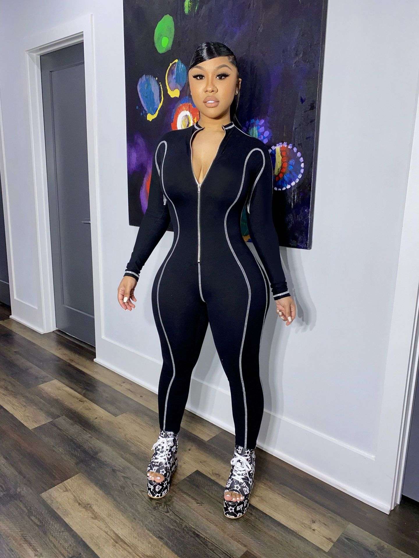 Long Sleeve Zipper Romper Jumpsuit - XL, Black image
