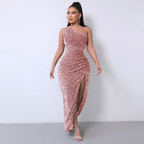 One Shoulder Wrap Split Thigh Party Dress - S, Pink image