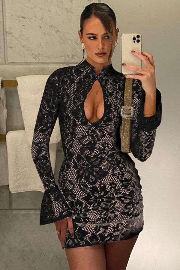 Luxury Long Sleeve Lacy Dress - L, Black image