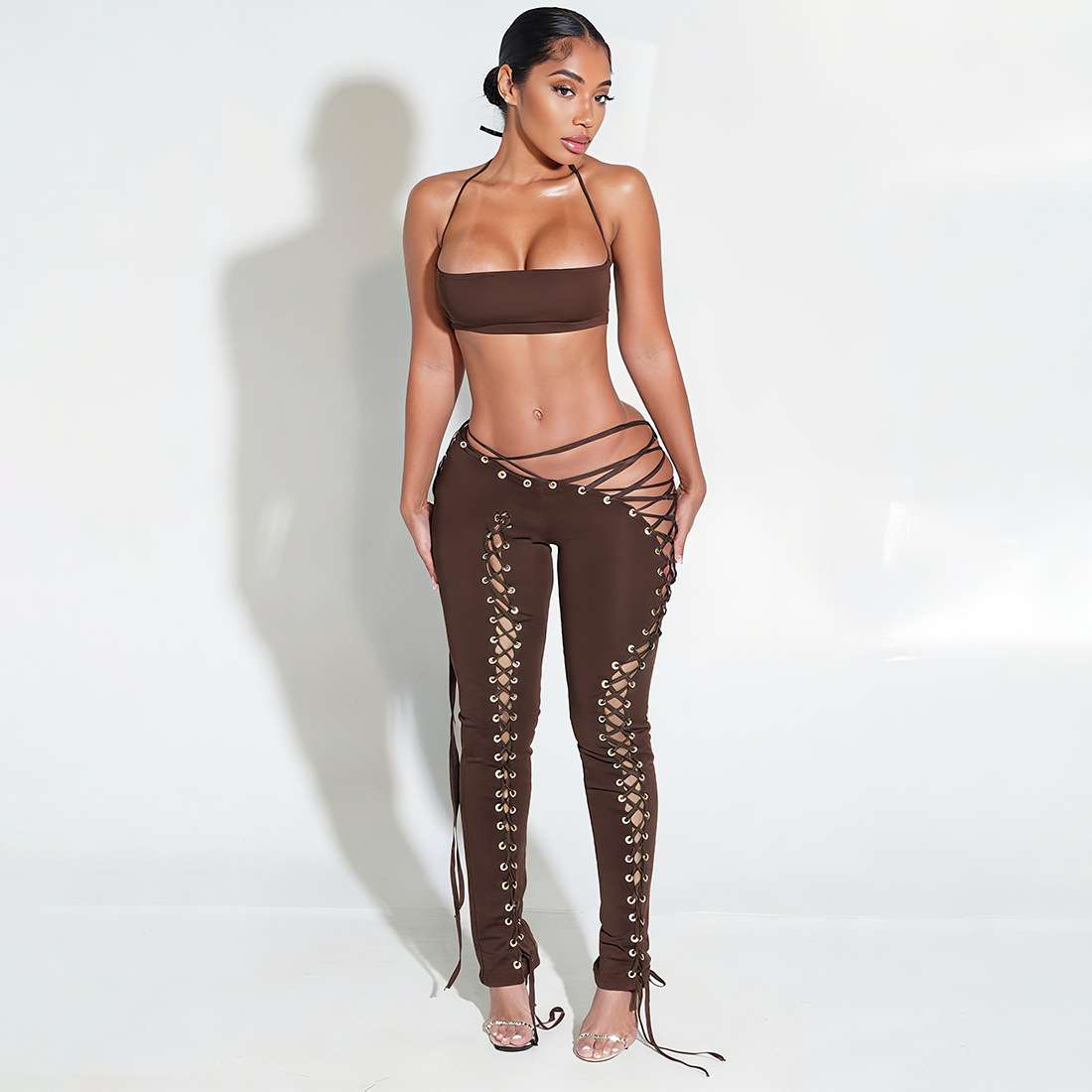 Lace-Up Cut-Out Pants with Strappy Top - L, Brown image