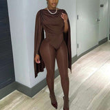 Elegant Sheer Jumpsuit with Caped Sleeves - M, Brown image