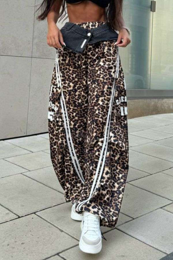 Leopard Print Wide-Leg Cargo Pants with Side Stripes image 1