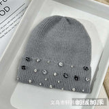 Rhinestone Beanie Soft Warm Winter Skully Hat - Free Size, Grey image