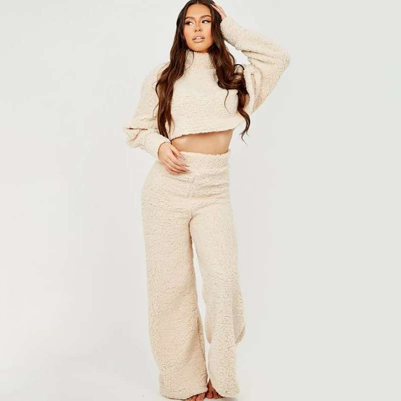 Cropped Top And Wide Leg Pants Lounge Set - S, Champagne Beige image