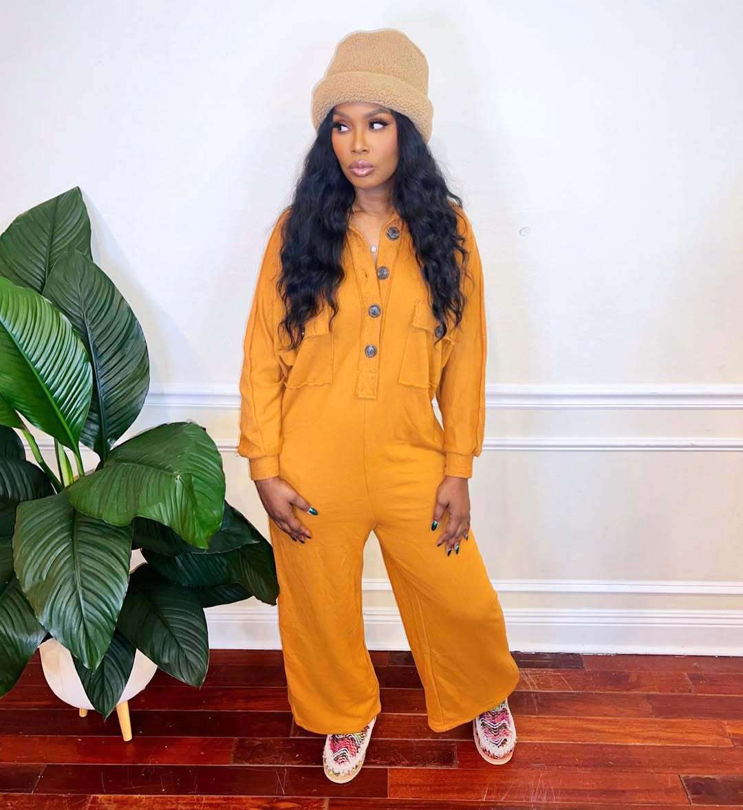 Oversized Jumpsuit with Pockets - L, Yellow image