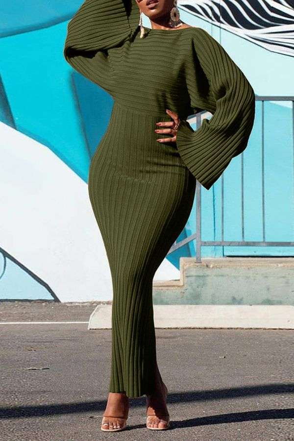 Long Sleeve Solid Pit Hip Dress - L, Army Green image