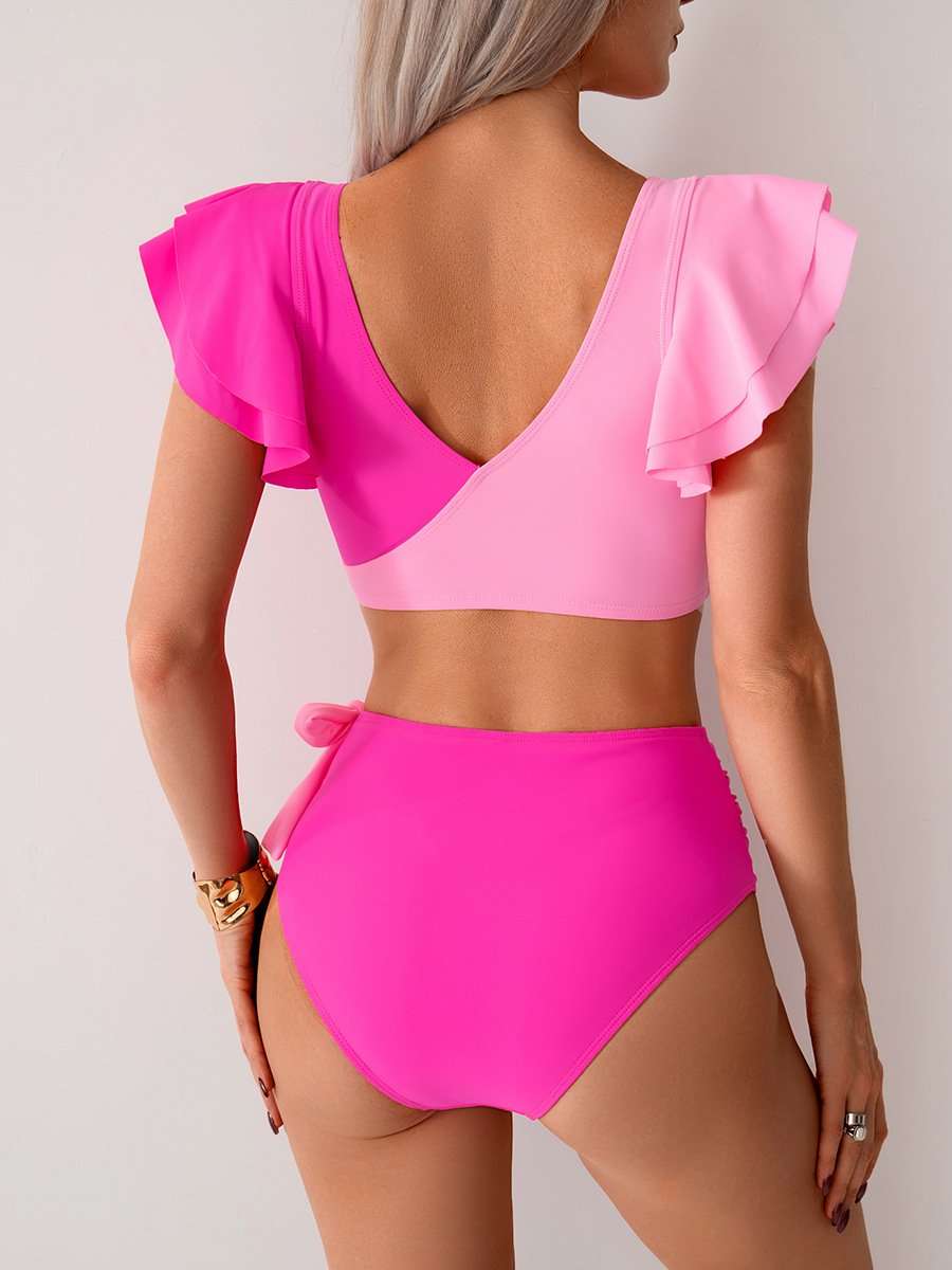 Two-Tone Ruffle Sleeve High-Waisted Bikini Set image 3