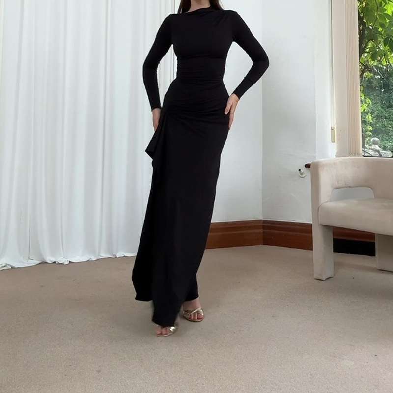 Elegant Solid Color Slimming Dress - L, Black image