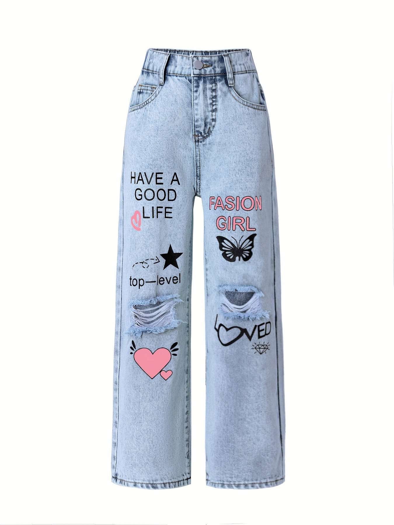 Graffiti Print Ripped Denim Pants - XL, Light Blue image