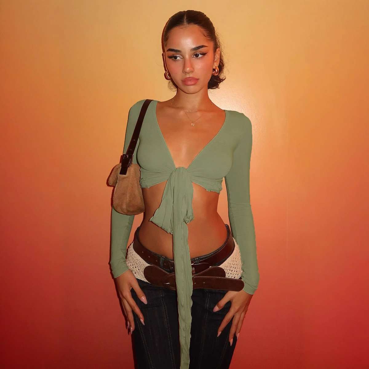 Tie-Front Long Sleeve Crop Top - S, Green image