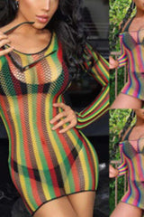 Hollowed Out See-through Mesh Beach Dress - M, Multi Yellow image