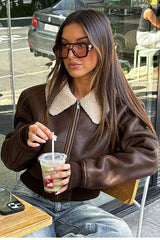 Fur Trim Collar Zipper Bomber Jacket - S, Brown image