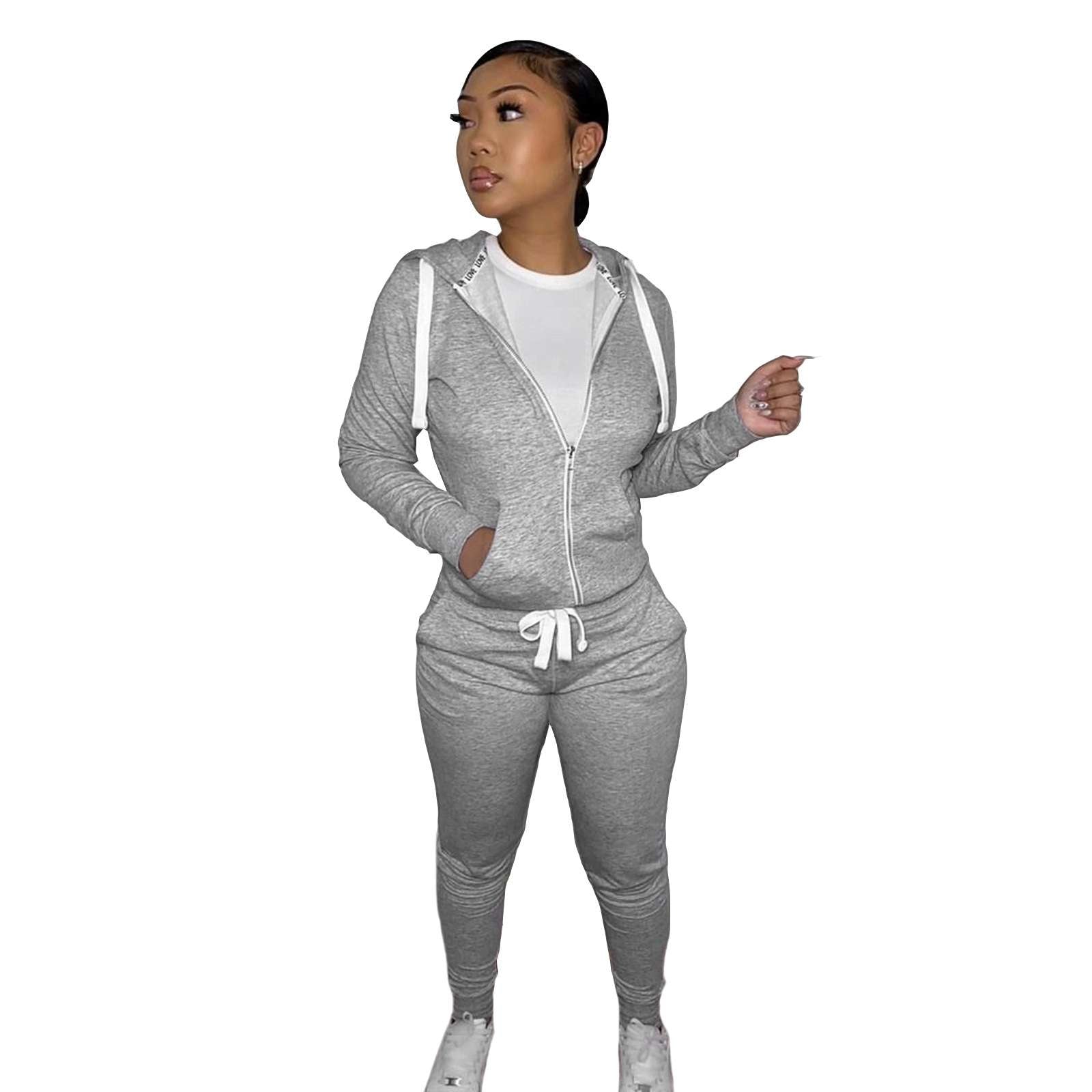 Hooded Coat and Pants Jogging Suit - S, Grey image