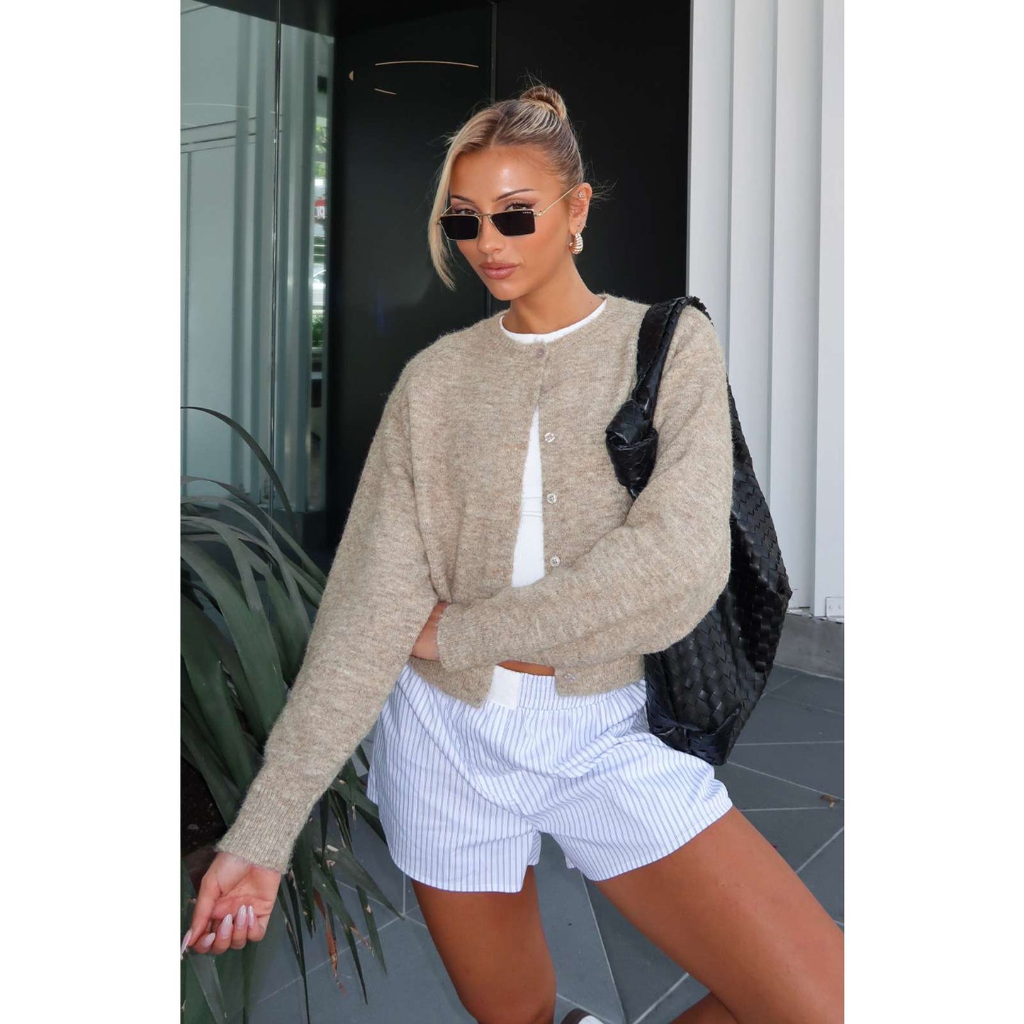 Button Down Cropped Cardigan Sweater - S, Beige image