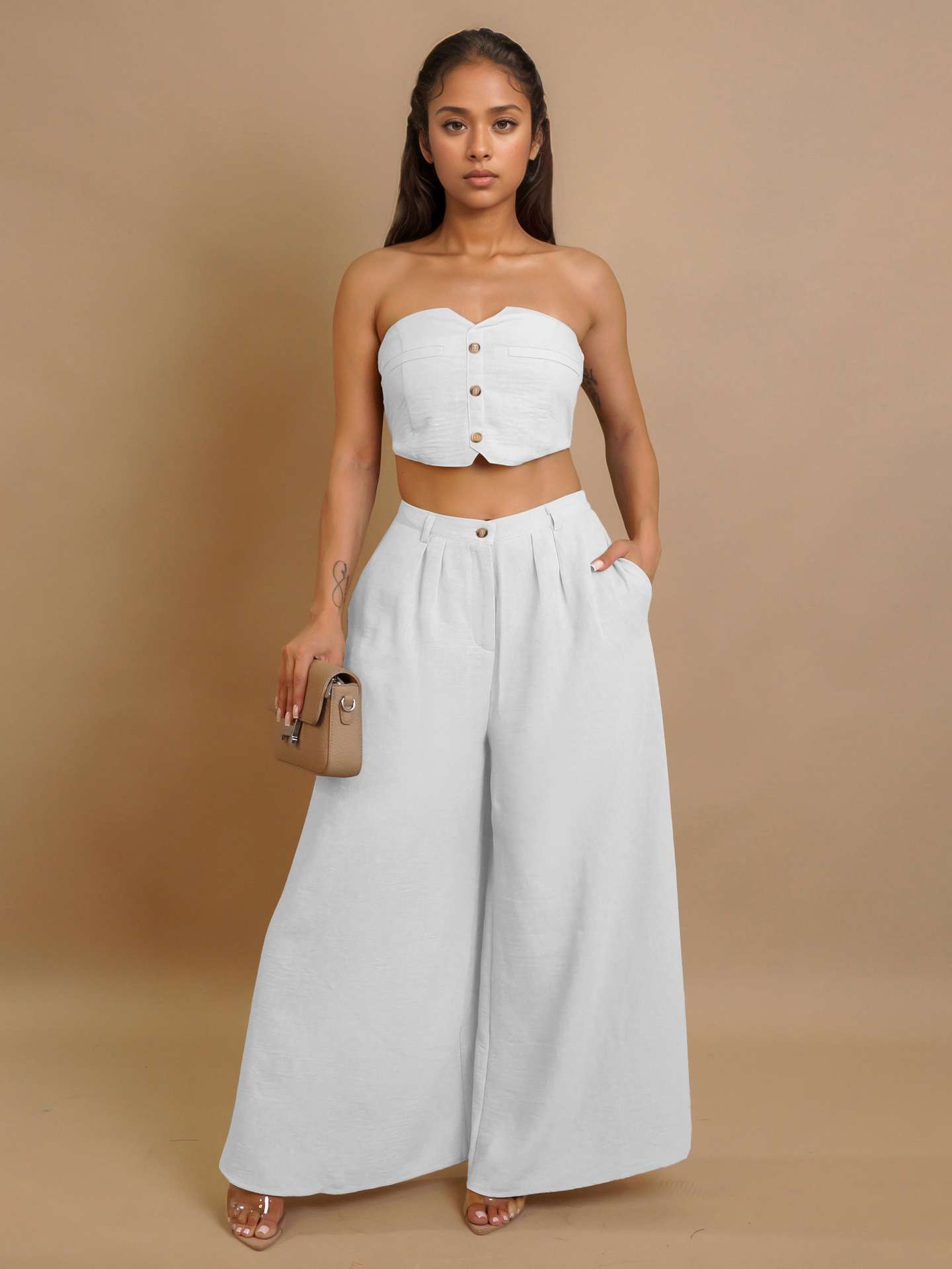 Strapless Crop Top & Wide-Leg Pants Set - L, White image