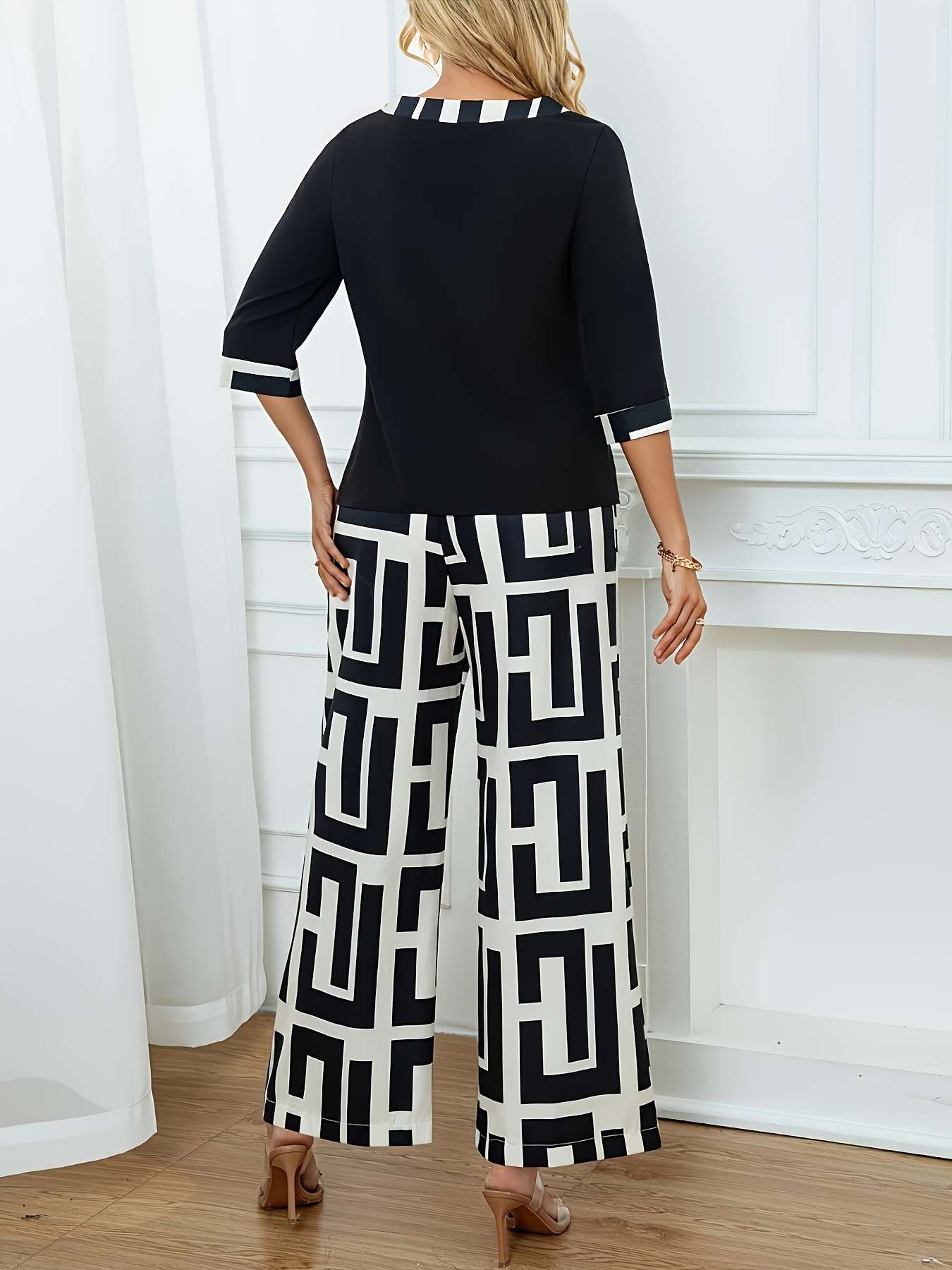 Geometric Wide-Leg Pants with Black Top - M, White image