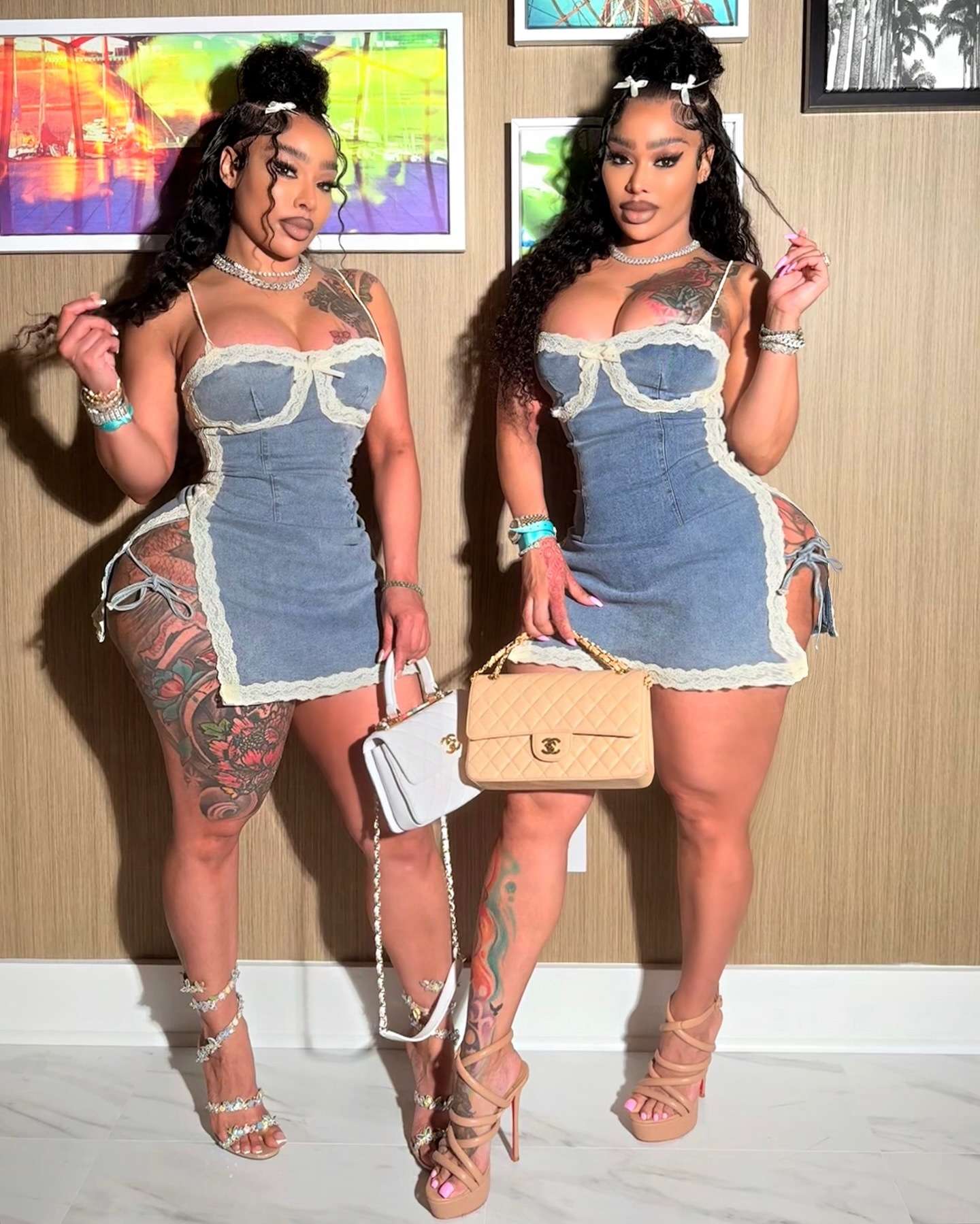 Denim Pattern & Lace Cami Dress - S, Blue image