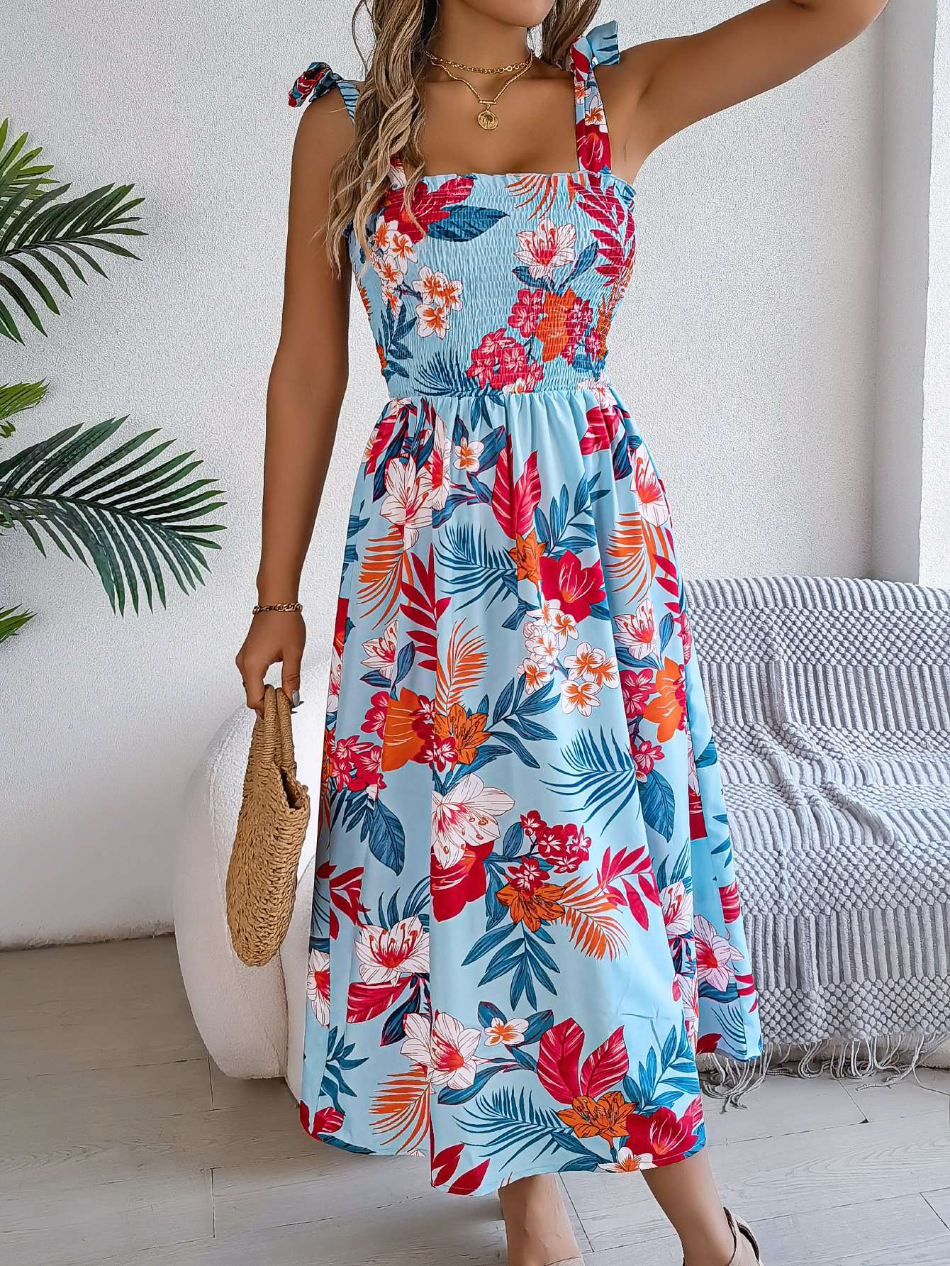 Tropical Print Smocked Maxi Dress image 2