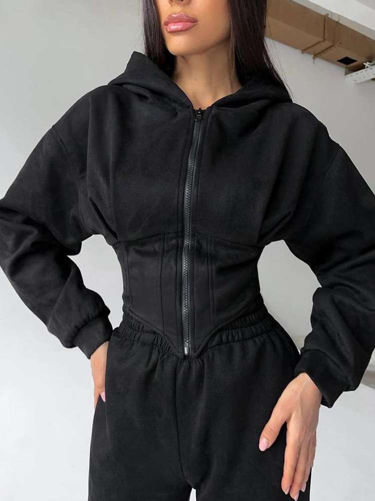 Fleece Tracksuit with Zip-Front Hoodie - L, Black image