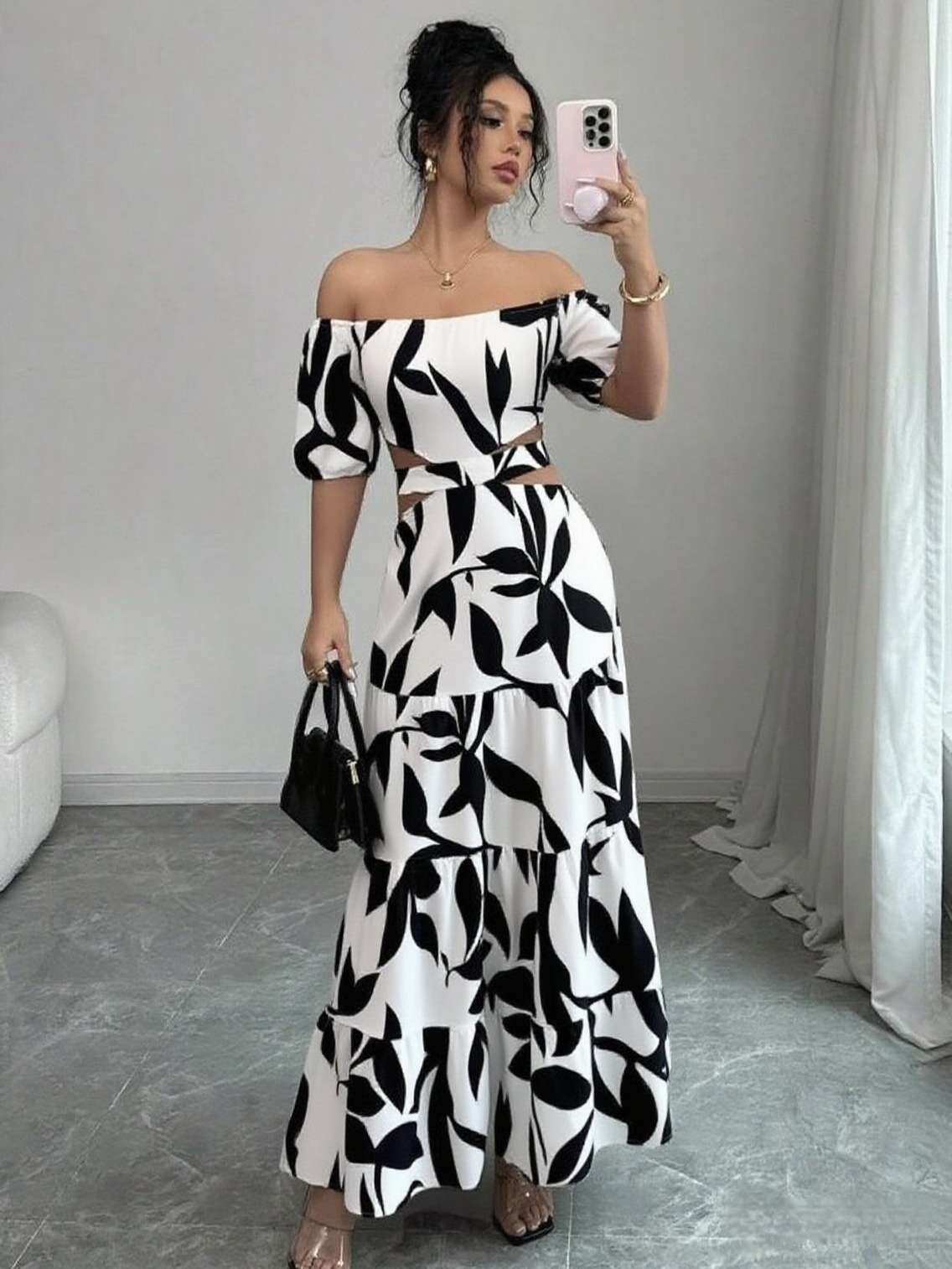 Leaf Print Off-Shoulder Maxi Dress image 4