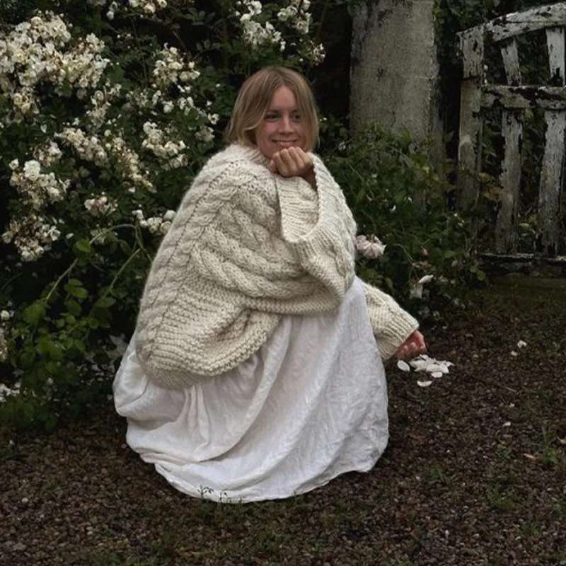 Oversized Cable Knit Sweater Pullover - XL, White image