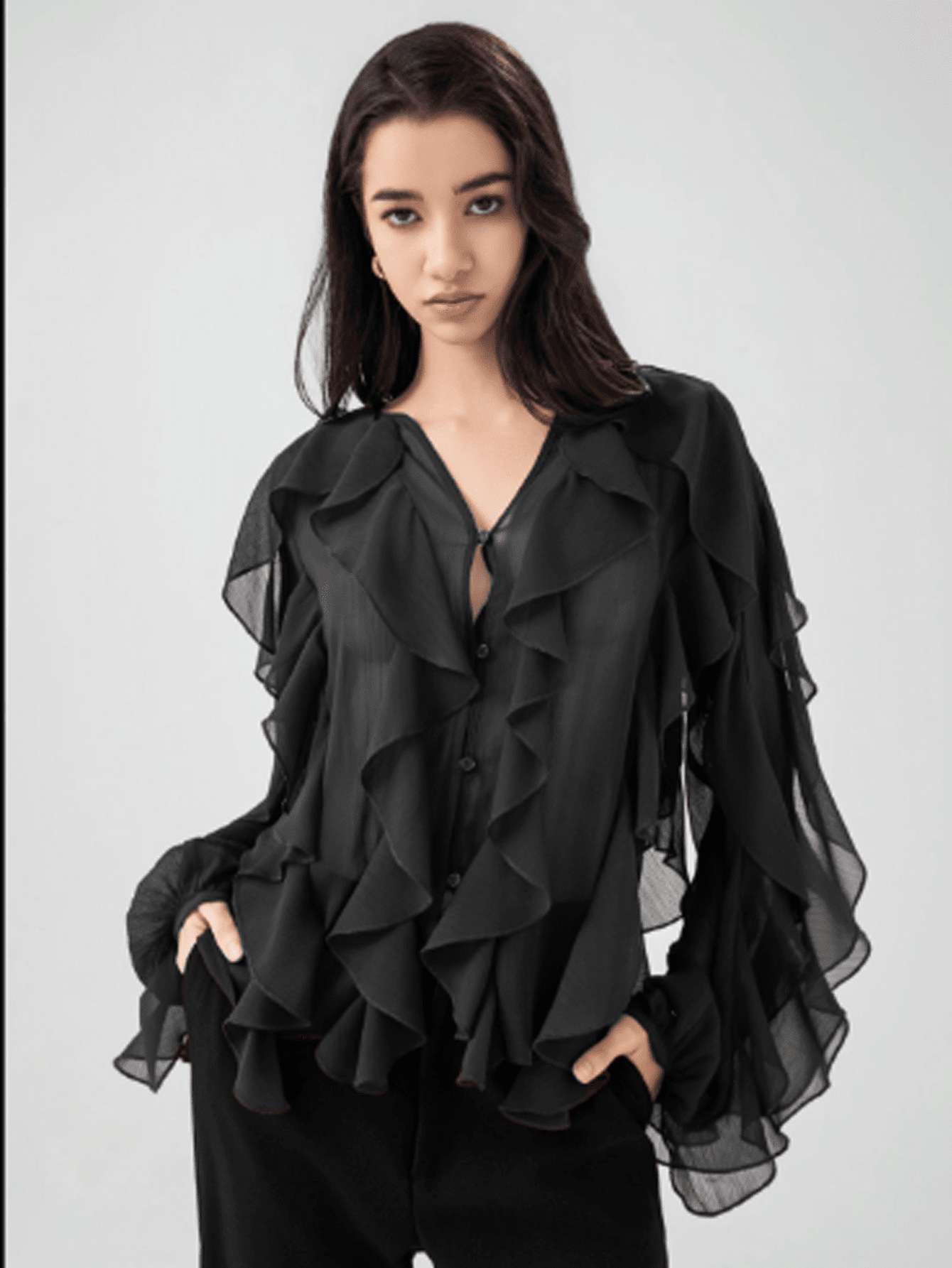Elegant Ruffled Sheer Blouse - M, Black image