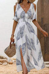 Elegant Leaf Print Maxi Dress - L, Black image