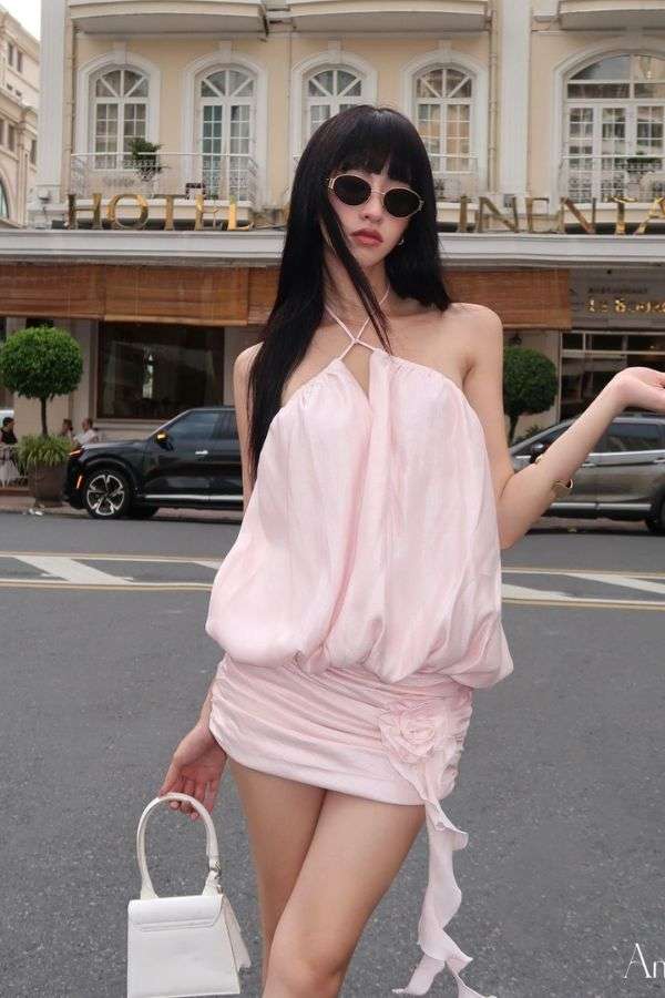 Halter Mini Dress with Bubble & floral Detail image 0