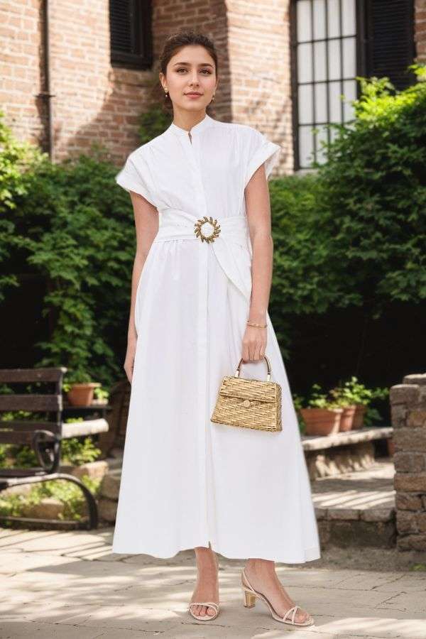 Sleeveless Maxi Dress with Belt Accent - L, White image