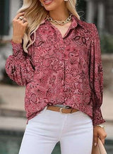 Long sleeve Floral print Casual Shirt - M, Maroon Brown image