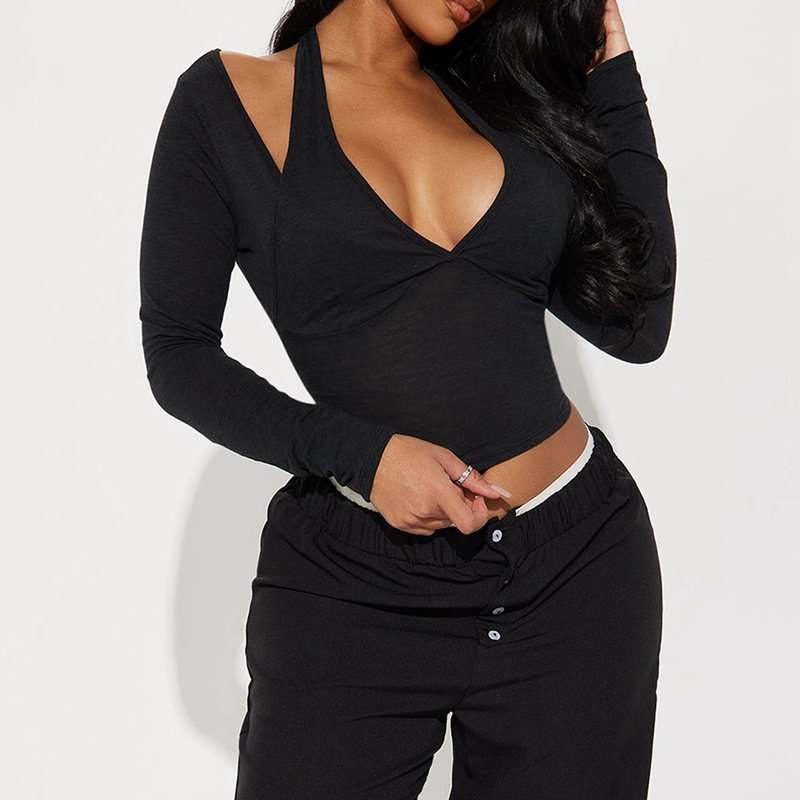 Halter Layered Long-Sleeve Crop Top - L, Black image
