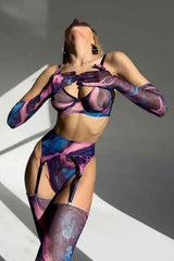 Sexy Printed Bodysuit Stockings Five Piece Lingerie Set image 3