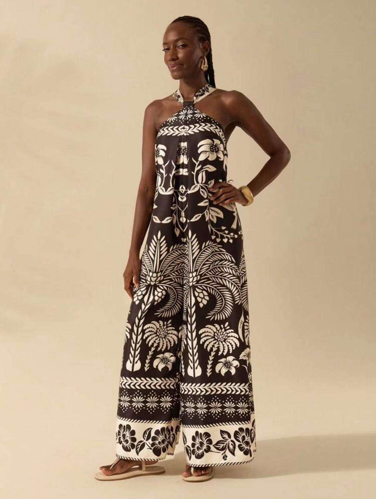 Floral Printed Wide-Leg Jumpsuit - L, Black image