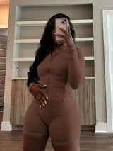 Athletic Two-Piece Set with Zipper Detail - S, Brown image