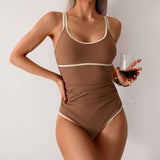 Contrast Trim Scoop Neck One-Piece Swimsuit - L, Brown image