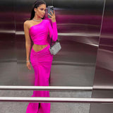 Vibrant One-Shoulder Crop Top & Matching Ruched Skirt - S, Rose image