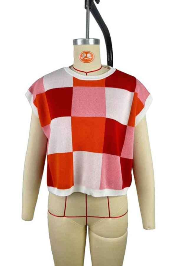 Multicolor Checkered Loose Fit Knitted Fashion Tee Top image 7