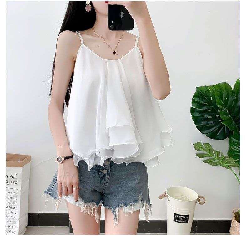 Sleeveless Top with Ruffled Hem - White, M image