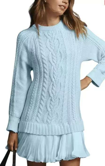 Cable Knit Sweater Dresswith Pleated Hem - L, Blue image