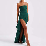 Elegant Spaghetti Strap Slit Maxi Dress - S, Forest Shade Green image