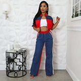 Colorblock Zip-Up Cropped Top & Pants Set - M, Red image