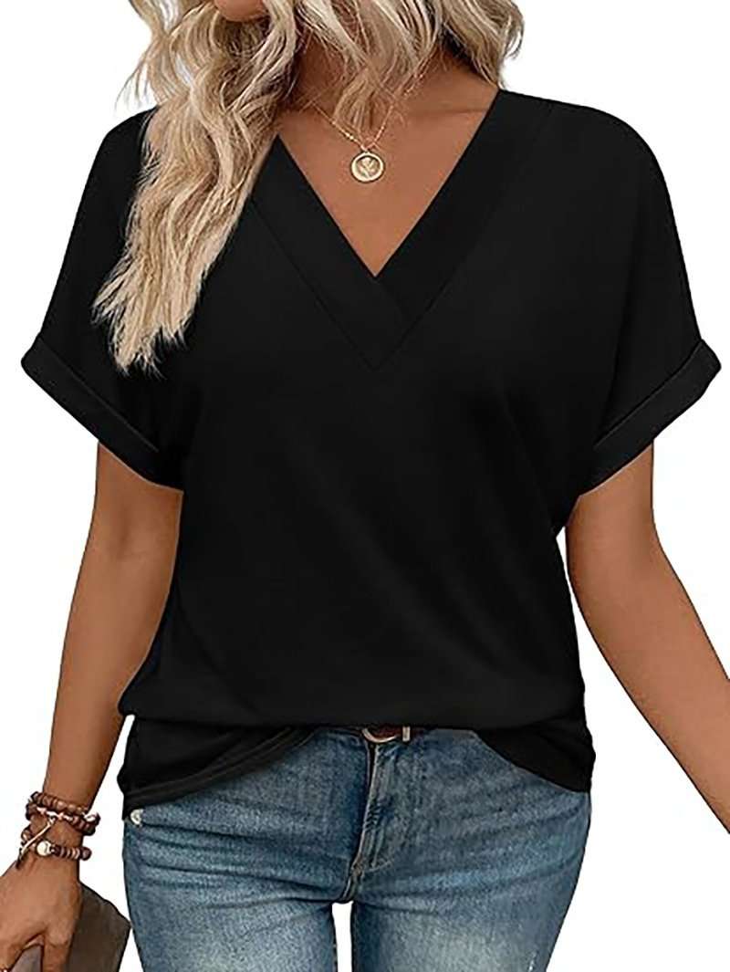 Casual V-Neck Rolled Sleeve Top - M, Black image