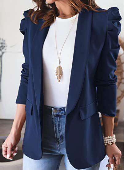 Elegant Blazer Jacket with Puff Shoulder - M, Blue image