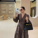 Boho Maxi Dress with Embroidery - M, Brown image